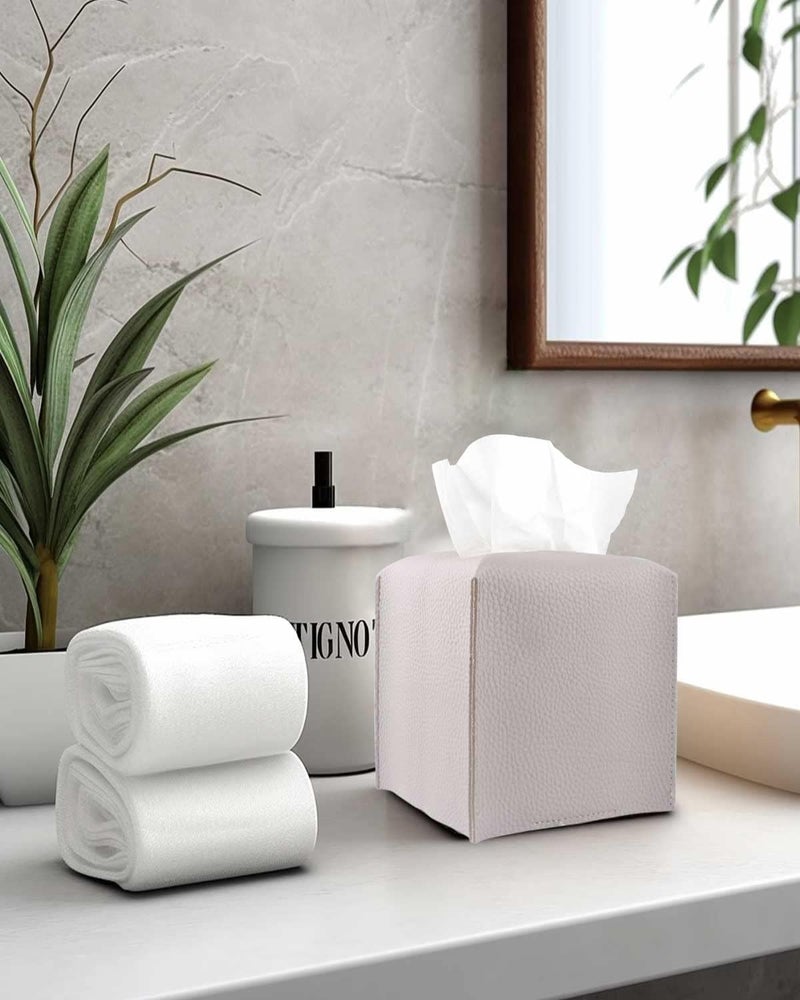 JESMINI Light Purple Tissue Box Cover Square – with Bottom Belt [] Modern PU Leather Tissue Box Holder Decorative for Bathroom Vanity Countertop/Night Stands/Office Desk, 5x5x5 - Image 5